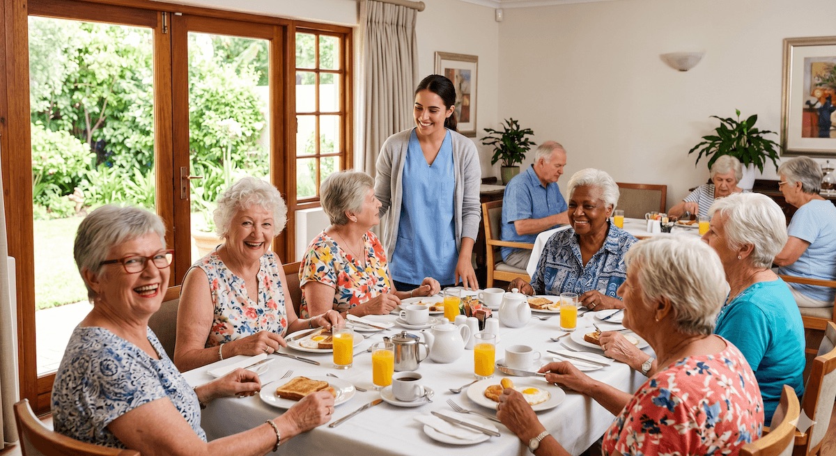 Repas partagé entre résidents et soignante en EHPAD