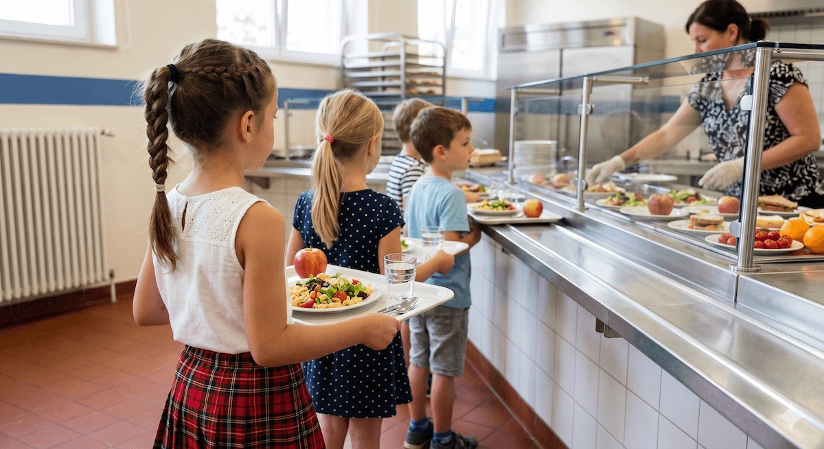 Écoliers se servant au self de la cantine scolaire